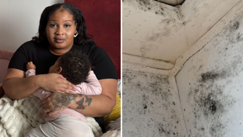 Left: Laura-May with medium-length dark hair and a white string-of-pearls earring visible on her left ear. She is wearing a dark-coloured T-shirt and holding a young child who has black hair and is wearing a pink babygrow. She is sitting on her bed and has a light-coloured blanket over her legs, Right: close up of a mouldy wall and ceiling