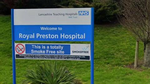 Sign at the entrance of Royal Preston Hospital entrance