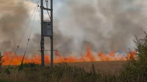 Flames rising from a crop field 