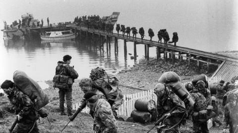 British troops arriving in the Falklands Islands during the Falklands War.