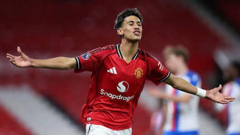 Manchester United's JJ Gabriel celebrates after scoring his side's first goal during the FA Youth Cup semi-final