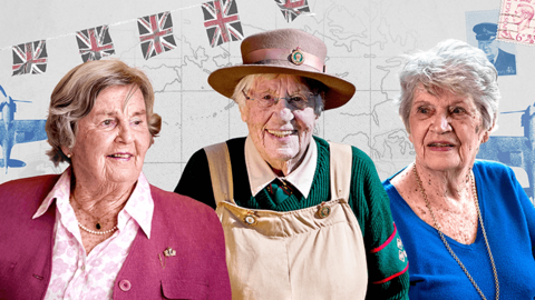 Three elderly women feature in this composite. The woman on the left is wearing a pink cardigan, the woman on the right is wearing a green jumper with a cream overall. The woman on the right is wearing a blue v-neck blouse. Behind them you can see bunting. 