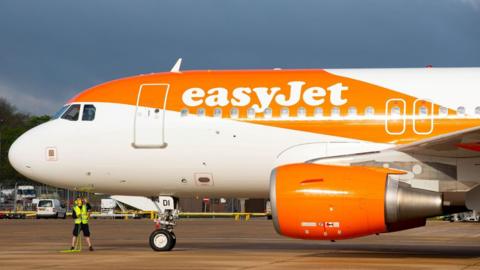 The side of an EasyJet plane on a runway