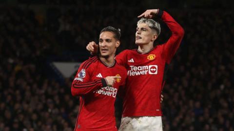 Antony celebrates scoring for Manchester United against Chelsea with Alejandro Garnacho