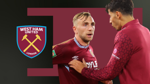 A picture of Jarrod Bowen being restrained by a team-mate in front of a claret background and West Ham crest