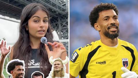 Left, a woman holds a mic. Right, a footballer in a yellow jersey.