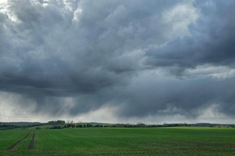 Dark storm clouds over a green field with distant rain.