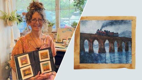 Caroline West holding portfolio of tea bag art / alongside a harry potter scene of train going over a bridge, painted on tea bag