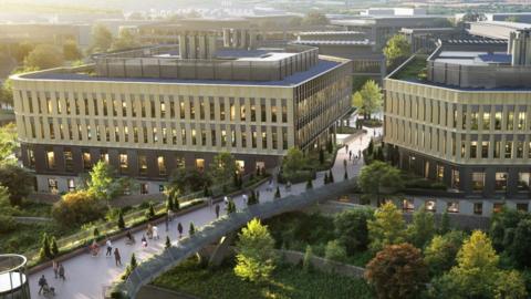 A computer-generated aerial image of large concrete and glass buildings with lots of windows. They are three storeys high. There are people walking around paved areas and also cyclists as well as lots of area planted with trees, shrubs and flowers