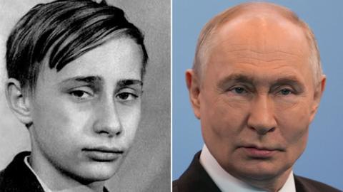 A black-and-white photo of Putin as a boy on the left, and a colour photograph of Putin in the modern day on the right.