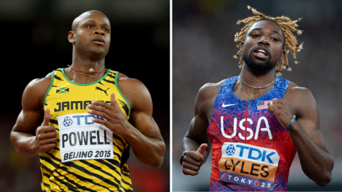 A split image of Asafa Powell and Noah Lyles in sprinting action