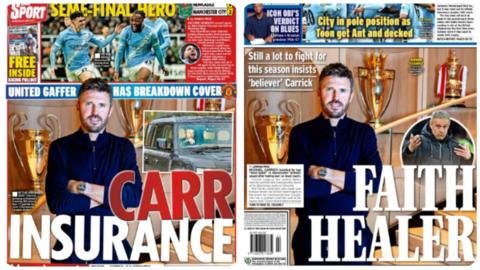 The Daily Star leads with 'Carr Insurance' after Carrick's appointment while the Express labels him a 'Faith Healer'