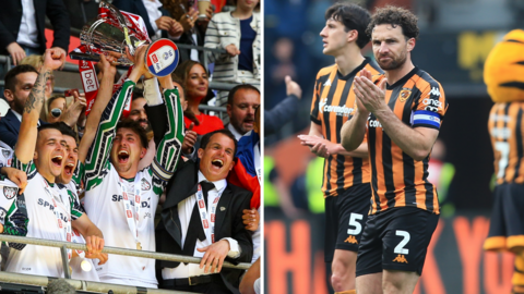 Sunderland players and boss Regis Le Bris lift the Championship play-off trophy, Hull City captain Lewie Coyle looks dejected