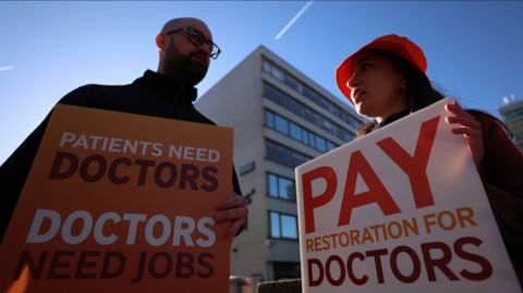 Resident doctors at a picket outside St. Thomas' Hospital in London.
