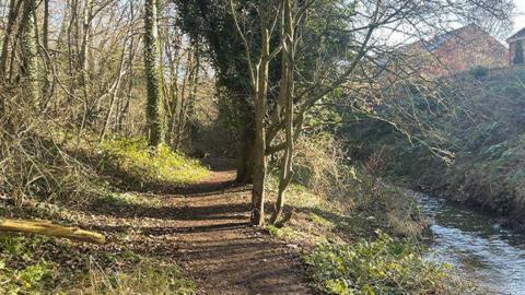 Valley Brook - a stream is on the right, with a tree bordered dirt footpath running alongside it on the left