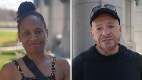 Splitscreen. Left, a woman speaks to camera. Right, a man with shades and a hat.