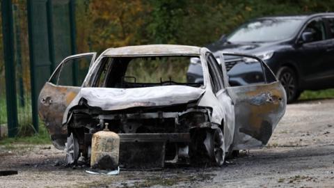 View of the burnt car used by a driver who rammed into pedestrians and cyclists in Saint-Pierre-d'Oleron on the touristic French island of Ile d'Oleron, off the Atlantic coast, France