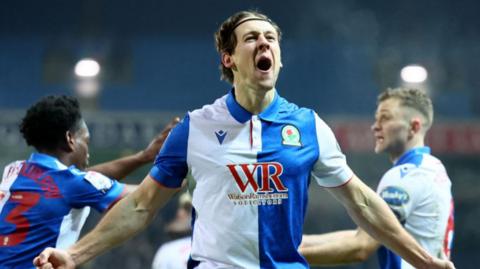 Blackburn defender Callum Brittain celebrates his goal against Portsmouth 