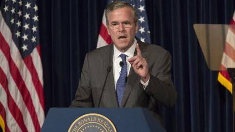 Republican presidential candidate Jeb Bush speaks at the Reagan Presidential Library.