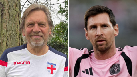 A composite image, with the head and shoulders of Spencer Pratten in a white England T-shirt on the left standing outside in front of a tree and bushes; and on the left is Lionel Messi in a pink Inter Miami football shirt.