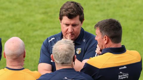 Darren Gleeson with his Antrim management team after last weekend's heavy defeat in Galway