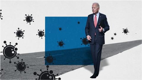 Graphic of Biden on a road with coronavirus symbols