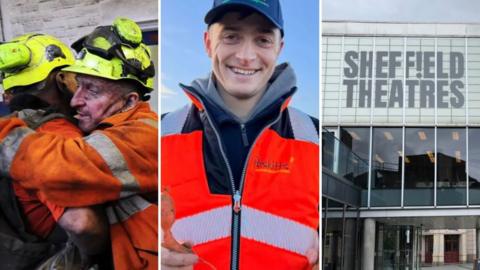 Three images: Miners hugging one another in orange high vis and yellow hats, a man holding a carrot and wearing an orange high-vis jacket smiles at the camera and The Crucible in Sheffield.