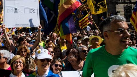 Catalan Independence supporters attend a demonstration of Catalan mayors in Barcelona, Spain, 16 September