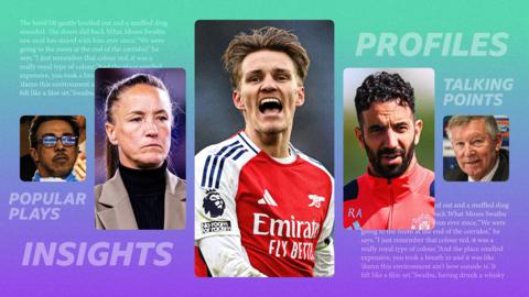 Image showing Martin Odegaard, Bruno Fernandes, Sir Alex Ferguson and Casey Stoney