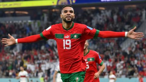 Youssef En-Nesyri celebrates after scoring Morocco's winner againsst Portugal