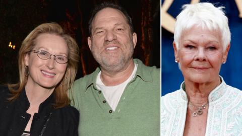 Meryl Streep and Harvey Weinstein in 2005 and Dame Judi Dench in 2017