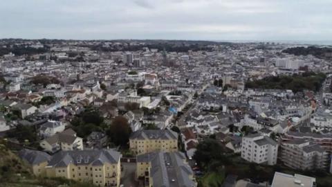 Aerial view of buildings.