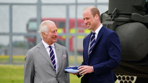 King Charles III and the Prince of Wales during a visit to the Army Aviation Centre at Middle Wallop, Hampshire, for the King to officially hand over the role of Colonel-in-Chief of the Army Air Corps to the Prince of Wales.