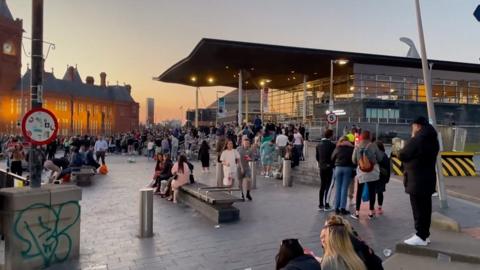 Crowds in Cardiff Bay