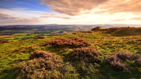A stock photo of the Wrekin in Shropshire. There are beautiful rolling hills with lots of vibrant green and red colour. There are clouds in the sky but there is an orange glow. We can see fields and farmland that is miles away. 