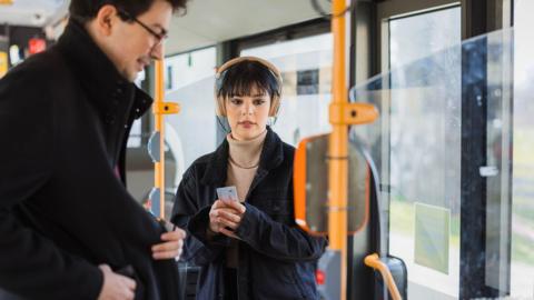 Students paying for the bus stock photo