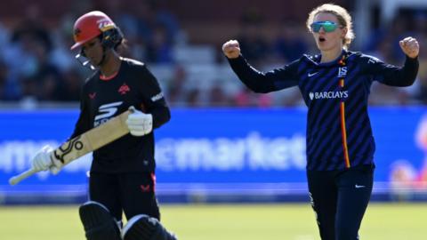 London Spirit's Charlie Dean celebrates taking a wicket