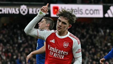 Max Dowman celebrates scoring for Arsenal