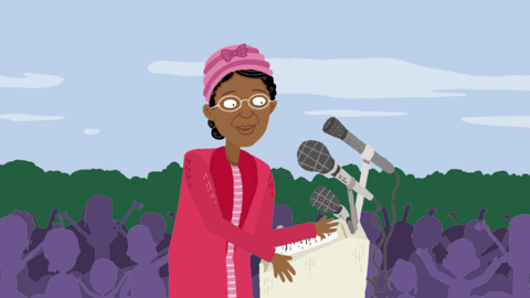 Illustration of Rosa Parks, a black woman, at a podium in front of a cheering crowd