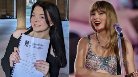 Law student holding up her dissertation and Taylor Swift holding a guitar