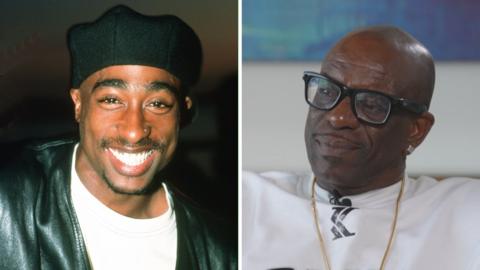 Split screen. Left, Tupac Shakur is seen. Right, Mopreme Shakur is seen.