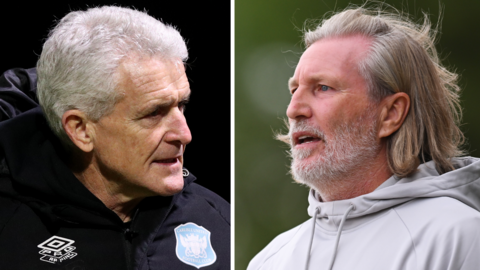 Head and shoulder images of Mark Hughes (left) and Robbie Savage (right)