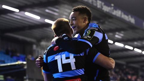 Josh Adams (14) scored a try in each half for Cardiff at Newcastle