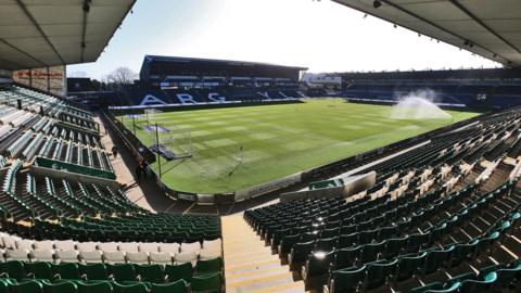 A general view inside Plymouth Argyle's Home Park from the stands showing the pitch