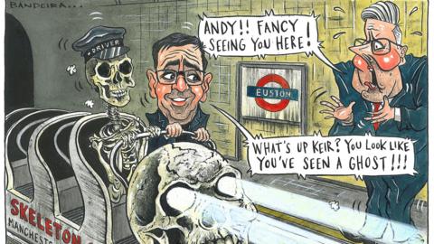 A satirical political cartoon set at Euston station, depicting a skeleton train driver with Andy Burnham emerging from a tunnel and startling Sir Keir Starmer. Starmer is quoted as saying: "Andy!! Fancy seeing you here!" and Burnham is quoted as saying: "What's up Keir? You look like you've seen a ghost"