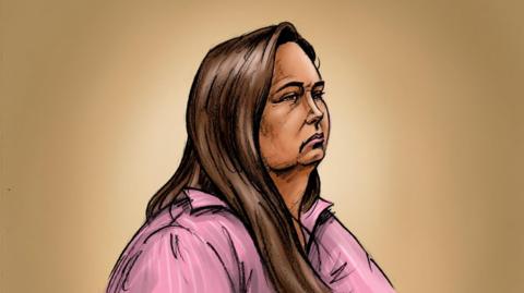 A court sketch of Erin Patterson, who has long brown hair and is wearing pink