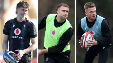 Ellis Mee (chwith) Max Llewellyn (canol) a Gareth Anscombe yw'r tri cefnwr o Gymru a ddaeth i mewn i ddechrau gan y prif hyfforddwr dros dro Matt Sherratt yn erbyn Iwerddon