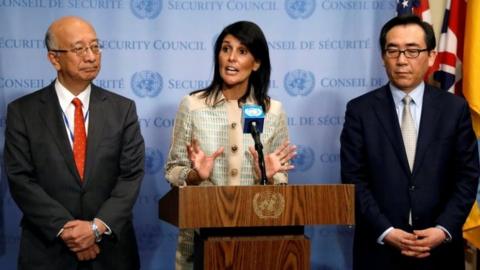 US Ambassador to the United Nations Nikki Haley speaks while Japan's UN Ambassador Koro Bessho (L) and South Korea's UN Ambassador Cho Tae-yul (R) look on during a press encounter at the United Nations in New York on 16 May 2017.