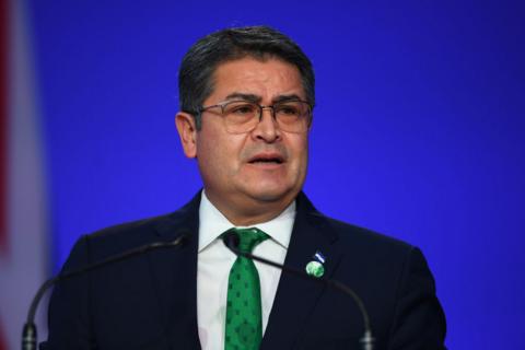 Honduran President Juan Orlando Hernández presents his national statement during day two of COP26 at SECC on November 1, 2021 in Glasgow, United Kingdom.