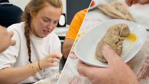 A split image of a person pulling the string out of their food and a close up of a plate of food.